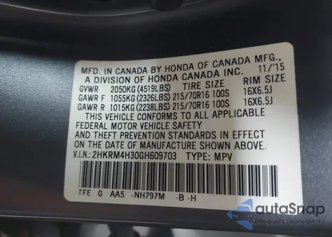2016 Honda Cr-V Lx from USA, damaged, VIN 2HKRM4H30GH609703